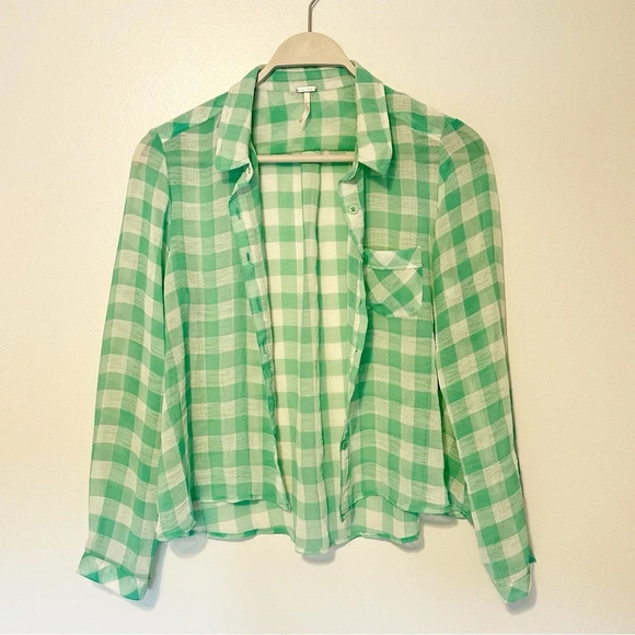 FREE PEOPLE Semi Sheer Gingham Blouse Button Up Top Green White High Low Small - Picture 3 of 12